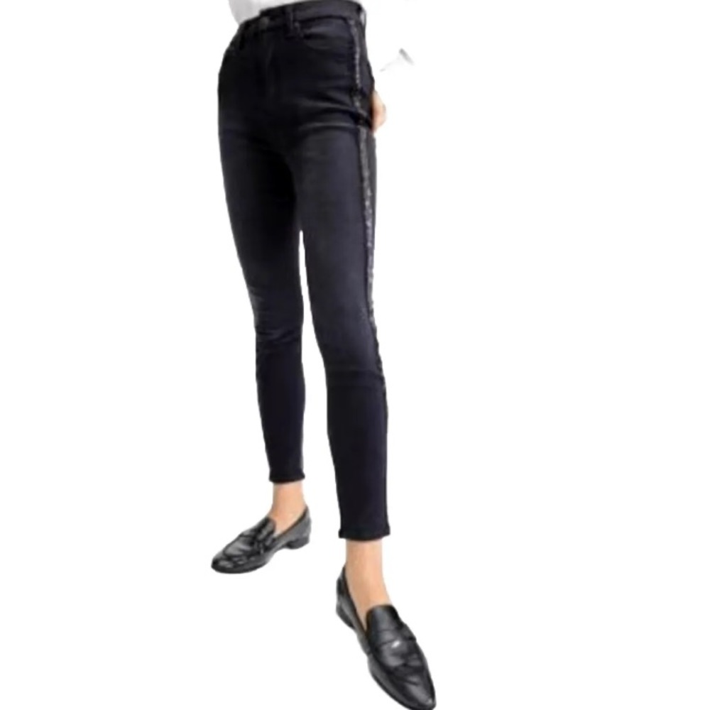 7 FOR ALL MANKIND “THE HIGH-WAIST SKINNY ANKLE" Sequin Stripe Jeans In "BLACK"